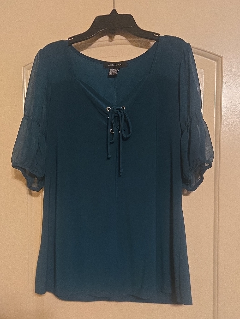Large Adele & May Teal Lace-Up Puff Sleeve Women's Top